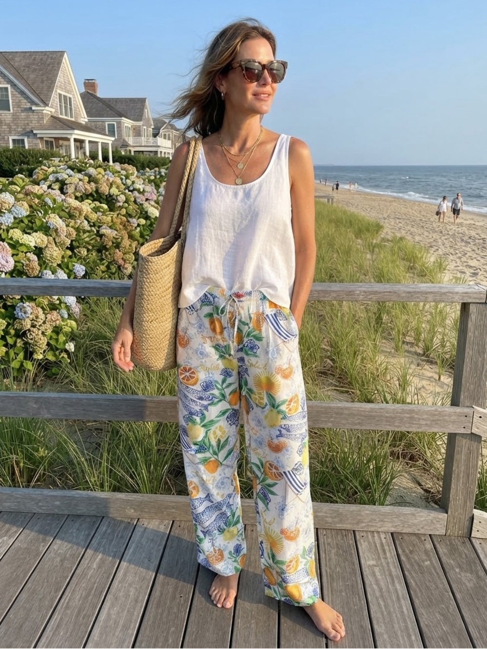 Women’s Rose Olive resort casual fish Citrus Soleil lemon Print Wide-Leg Pants